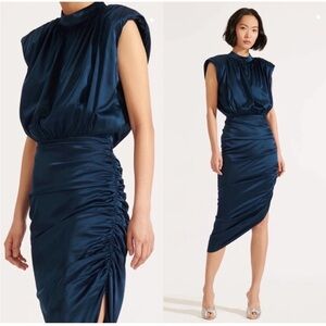 Sleeveless Navy Satin Ruched Midi Dress
